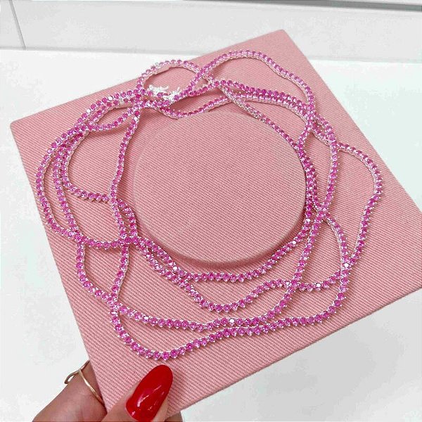 Colar riviera 3mm três pontas pink na prata 925