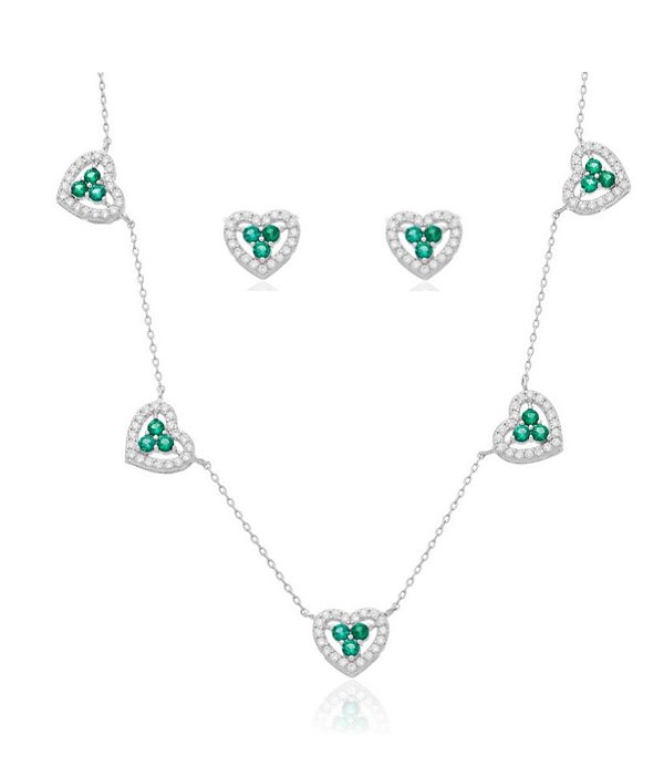 Conjunto de coração com zircônias cristais e esmeralda