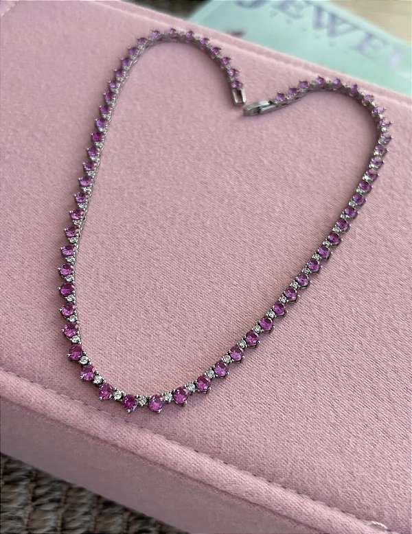 Colar riviera zircônias cristais e pink