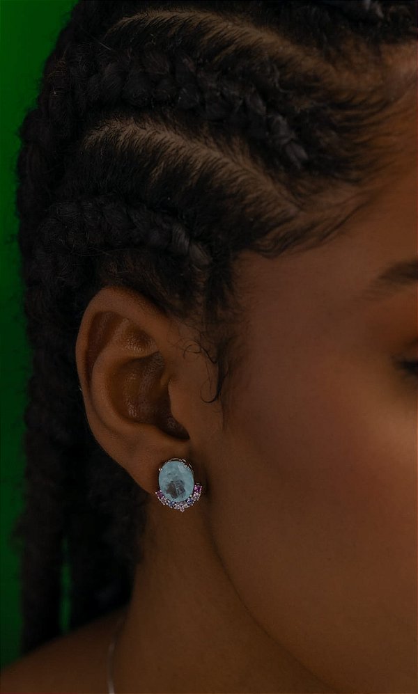 Conjunto de pedra fusion acqua na prata