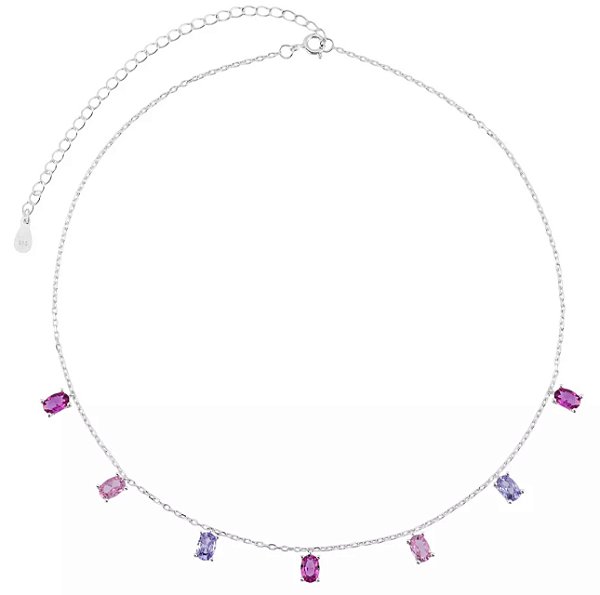 Choker Zircônias Ovais Lavanda com Pink na prata