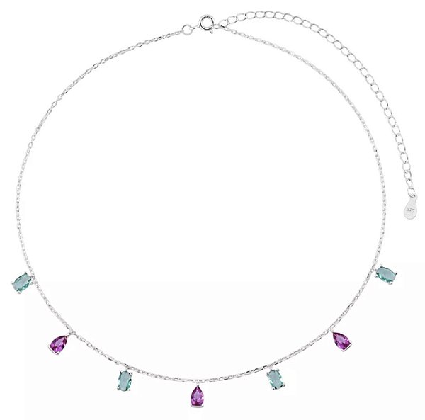 Choker Zircônias Oval e Gota Turmalina com Pink na prata