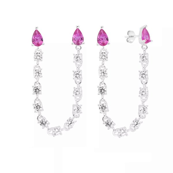 Brinco Riviera para dois furos Gota Pink na prata 925