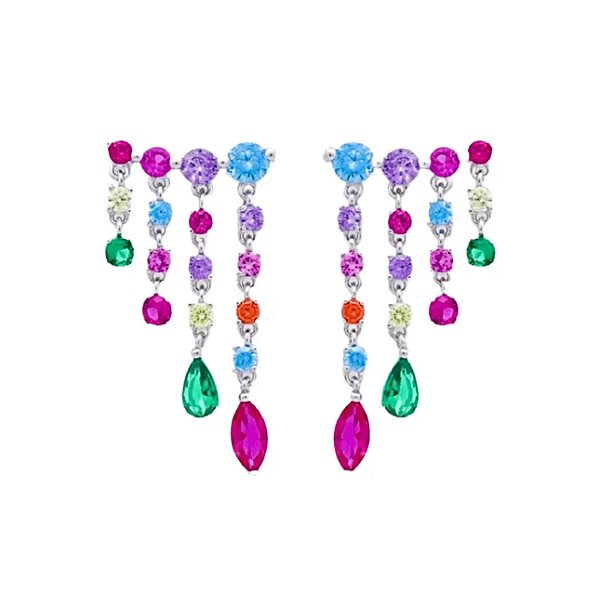 Brinco Cascata Zircônias Colors na prata