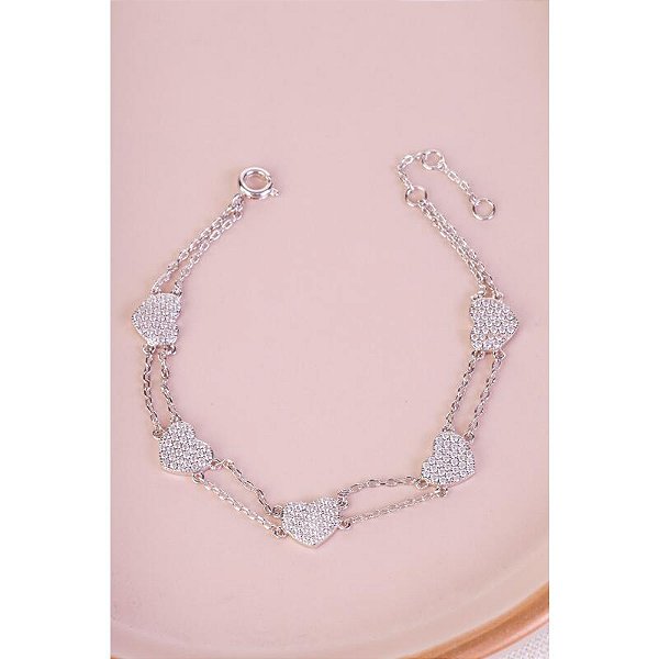 Pulseira elos portugueses com duas correntes e corações