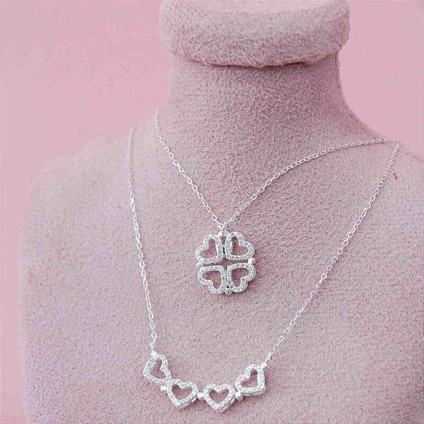 Colar 2 em 1 coração vazado cravejado na prata