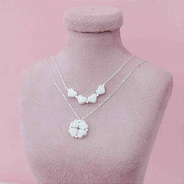 Colar 2 em 1 coração inteiro cravejado na prata