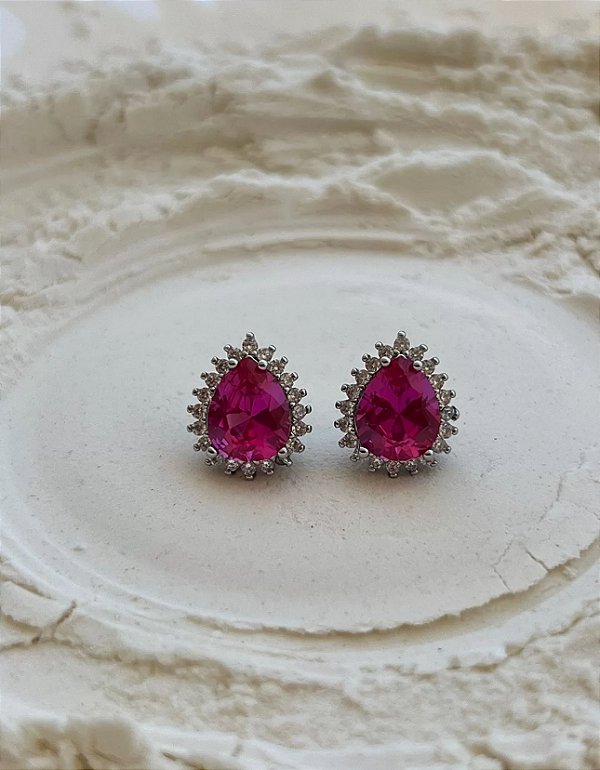 Brinco em formato de gota, cravejado cristal e pink