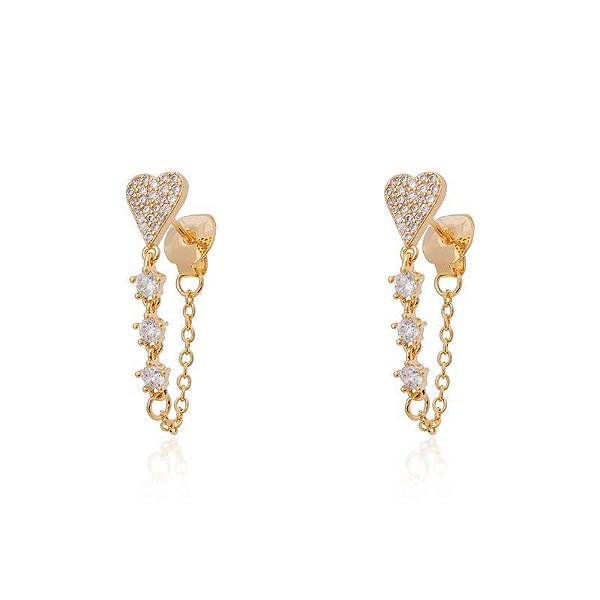 Brinco coração cravejado corrente (escolha o banho)