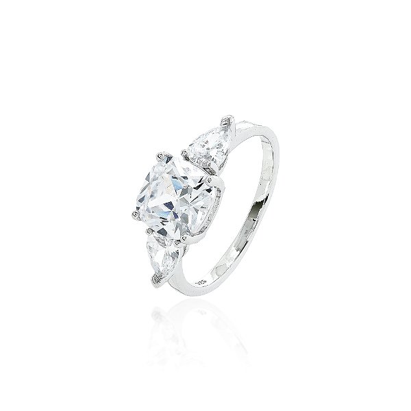 Anel quadrado com gota na lateral cristal prata 925