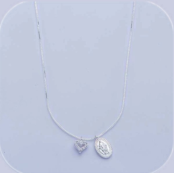 Colar Nossa Senhora Das Graças e coração na prata 925