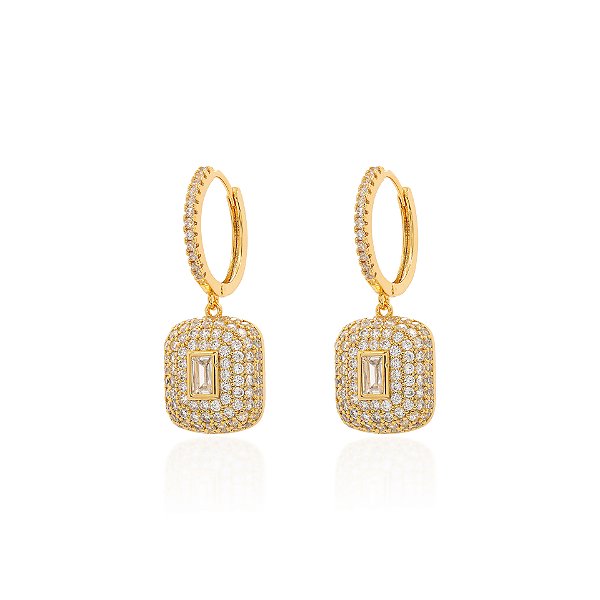 Brinco argola com pingente retangular cristal dourado