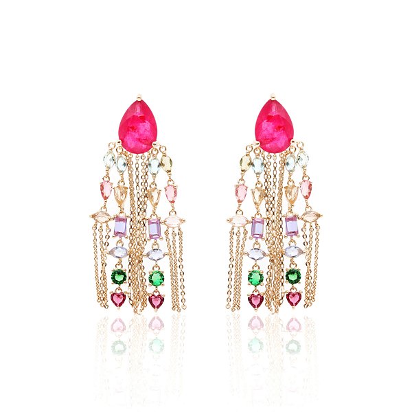 Brinco turmalina rosa com franja