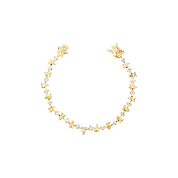 Pulseira riviera citrino gota e ponto de luz na prata 925 com banho de ouro
