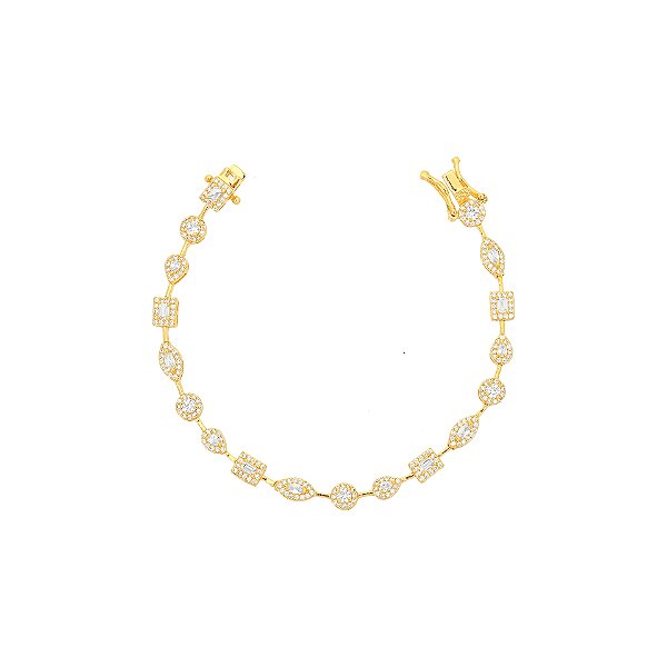 Pulseira fio faca navete, gota e retangular cristal dourada