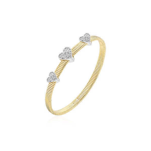 Pulseira malha três corações cravejados