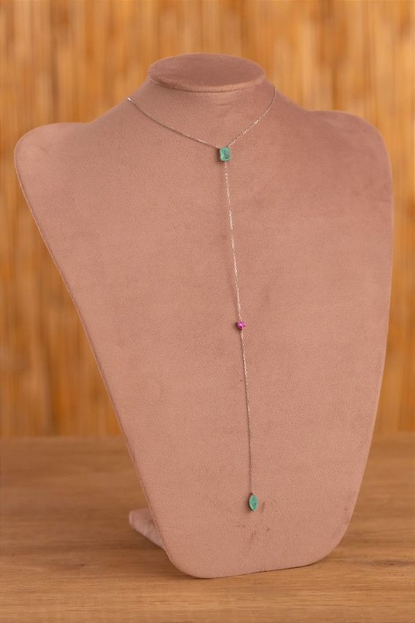 Colar gravata colombiana e pink na prata 925