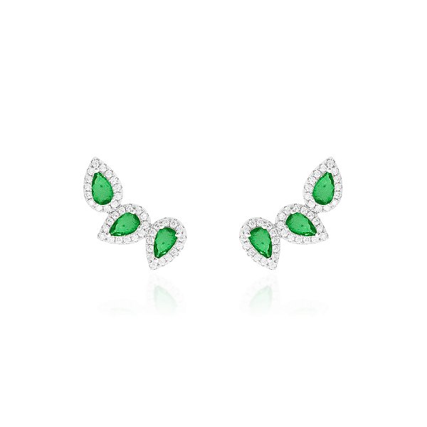 Brinco earcuff três gotas esmeralda na prata 925