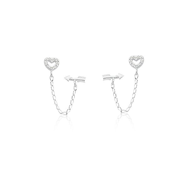 Brinco para dois furos coração e flecha na prata 925
