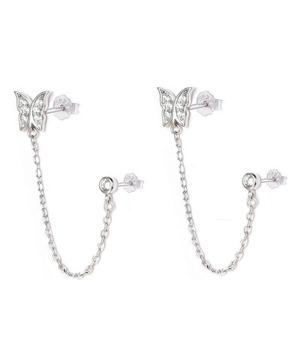 Brinco para dois furos borboleta e ponto de luz na prata 925