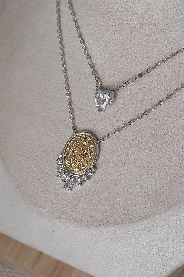 Colar escapulário Nossa Senhora Das Graças e coração