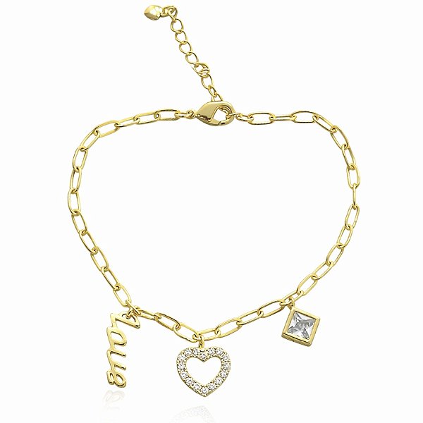 Pulseira coração, love e quadrado