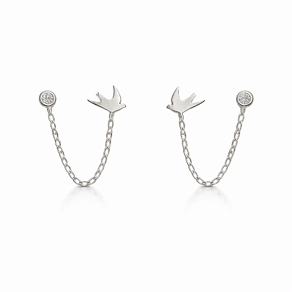 Brinco para dois furos pássaro e ponto de luz na prata 925