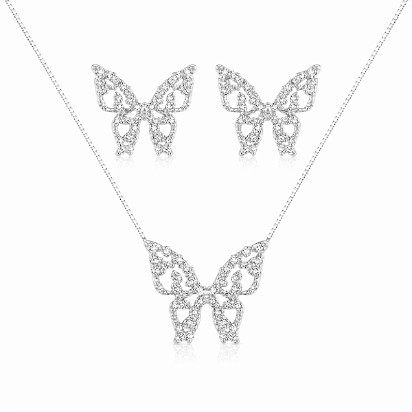 Conjunto borboleta cravejada na prata 925