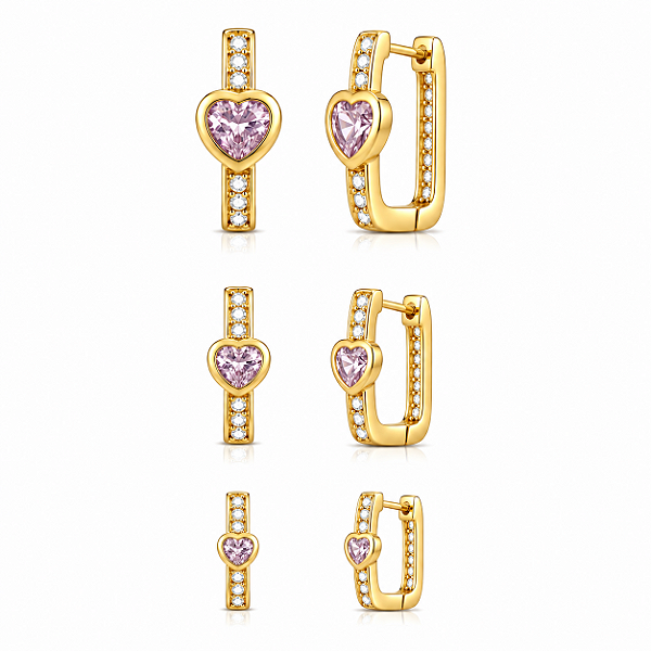 Trio de argola com pedra formato de coração rosa