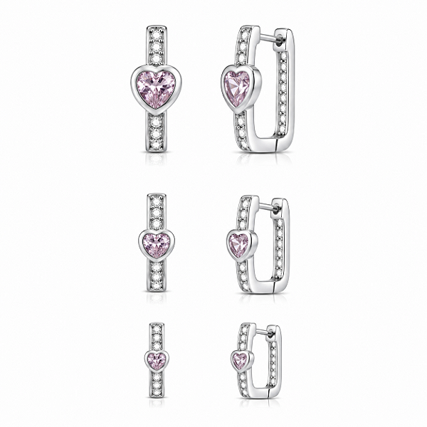 Trio de argola com pedra formato de coração rosa