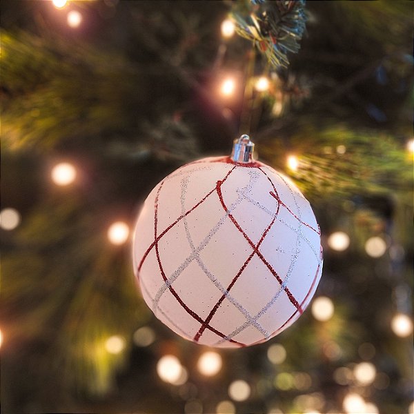 Jogo 2 Bolas Decorada Tecido Vermelho e Branco 10cm Natal