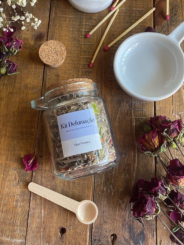 Kit Defumação - Limpeza Energética (Ervas no vidrinho + Pote Fósforos longos + Base de cerâmica)