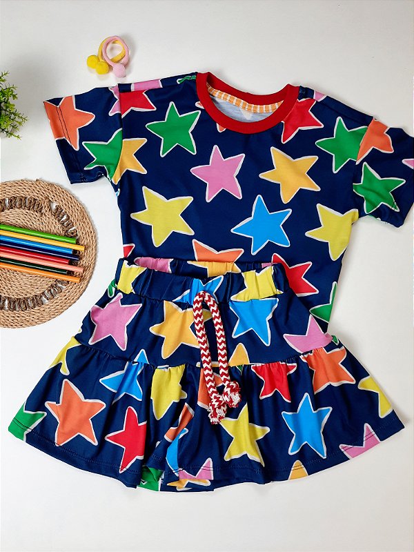 Conjunto Infantil Menina Estampa Casual Estrelas Coloridas (Bel Estrela)