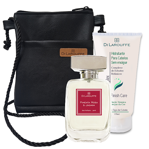 Kit Perfume Feminino Pimenta Rosa & Jasmim, Hidratante de Cabelos e Bolsa para Celular
