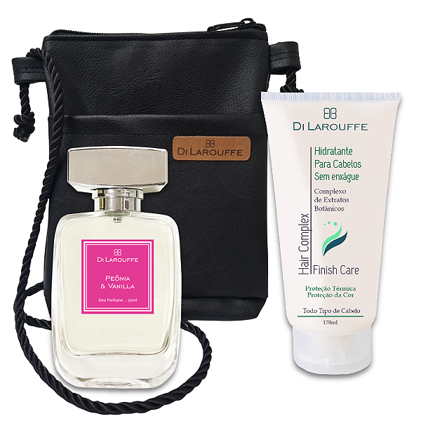 Kit Perfume Feminino Peônia & Vanilla + Hidratante para Cabelos + Bolsa para Celular