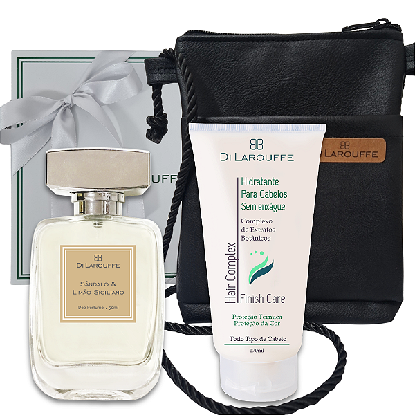 Kit Perfume Sândalo & Limão Siciliano + Hidratante para Cabelos + Bolsa para Celular