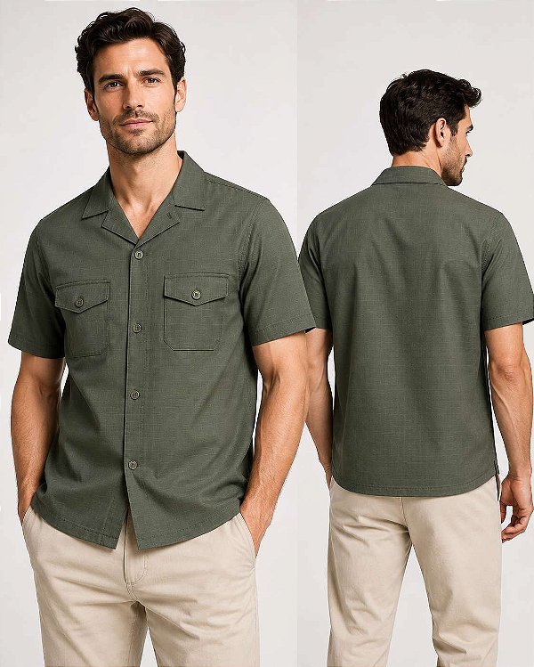 Camisa Masculina Ripstop Verde-Oliva Manga Curta com 2 Bolsos