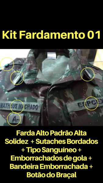 Farda EB Alto Padrão Alta Solidez Lisa Com os 3 Sutaches Bordados +  botão do braçal + insignias + bandeira emborrachada