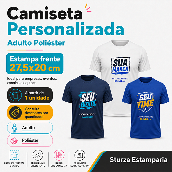 Camiseta Personalizada Adulto Poliéster com Estampa Frente 27,5x20cm