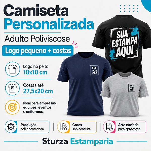 Camiseta Personalizada Adulto Poliviscose com Logo Pequeno + Costas