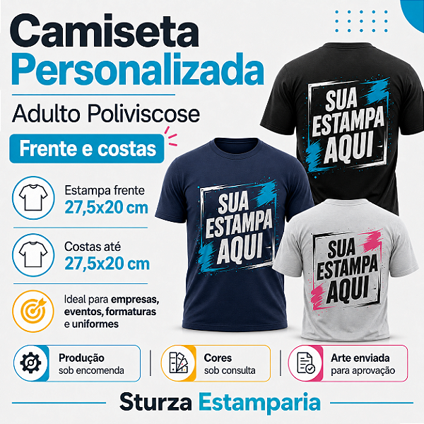Camiseta Personalizada Adulto Poliviscose Frente e Costas