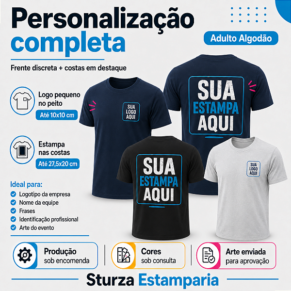 Camiseta Personalizada Adulto Algodão com Logo Pequeno + Costas