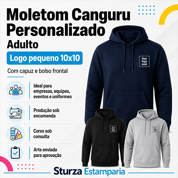 Moletom Canguru Personalizado Adulto com Logo Pequeno 10x10