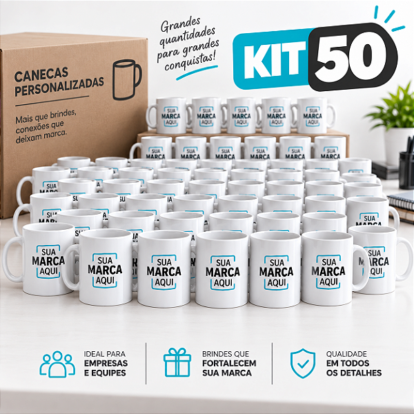Kit 50 Canecas de Cerâmica Branca Personalizadas