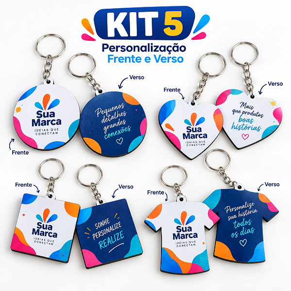 Kit 5 Chaveiros MDF Personalizados Dupla Face