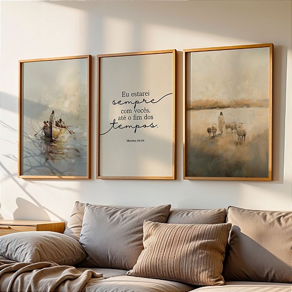 Kit 3 Quadros Jesus no barco, as ovelhas e Mateus 28:20