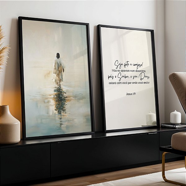 Kit 2 Quadros Jesus sobre as águas e Josue 1:9