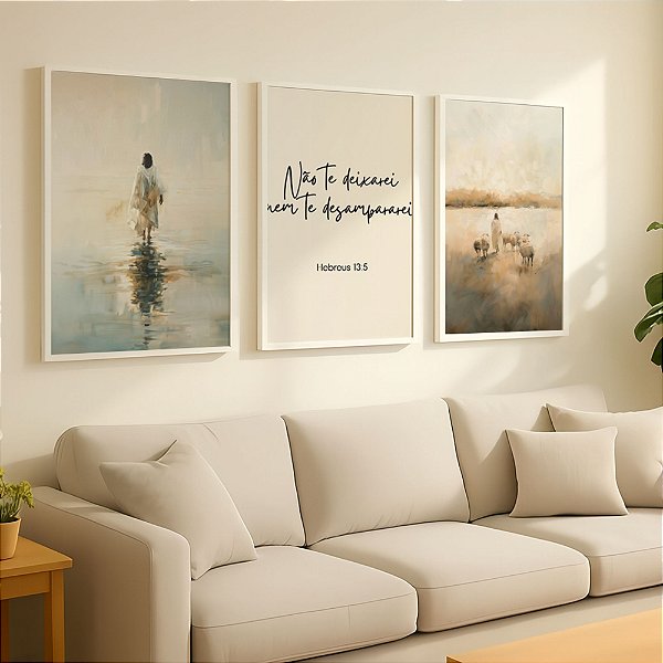 Kit 3 Quadros Jesus sobre as águas, Hebreus 13.5 e Jesus e as Ovelhas