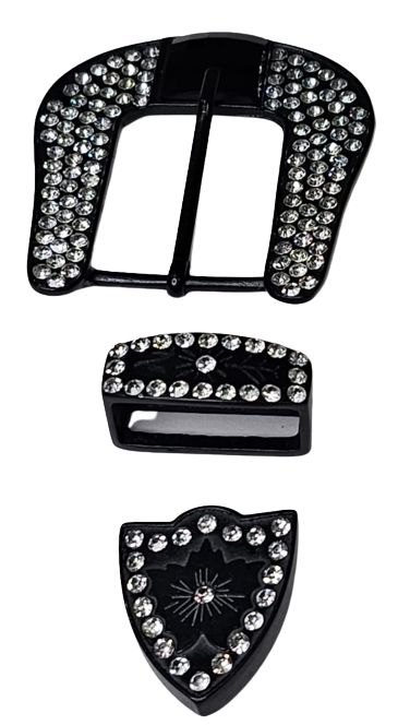 Jogo Fivela Americana Preta  Strass Cristal C/ Passsador e Poteira FM 2114 / 40mm Ana Castela