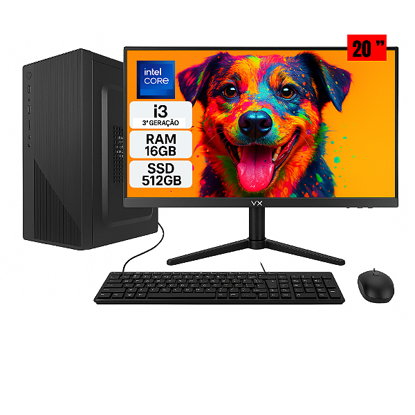 Computador Completo Intel Core i3 3ª Geração | 16GB RAM | SSD 512GB | Monitor 20”